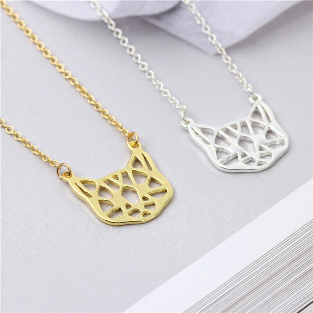 Geometric Cat Head Origami Necklace Gold or Silver